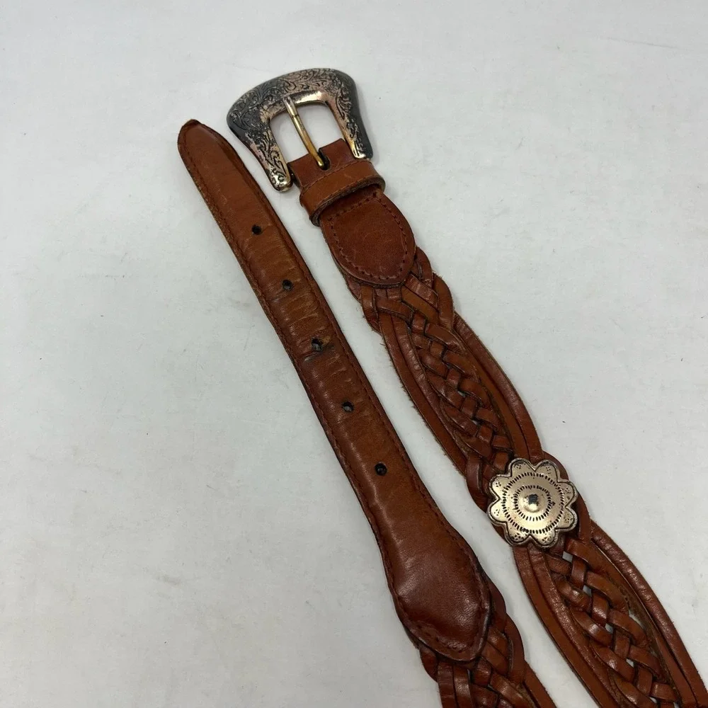 Vtg Fossil Belt Womens Size M Brown Leather Conch Western Rustic Rodeo - Picture 4 of 7